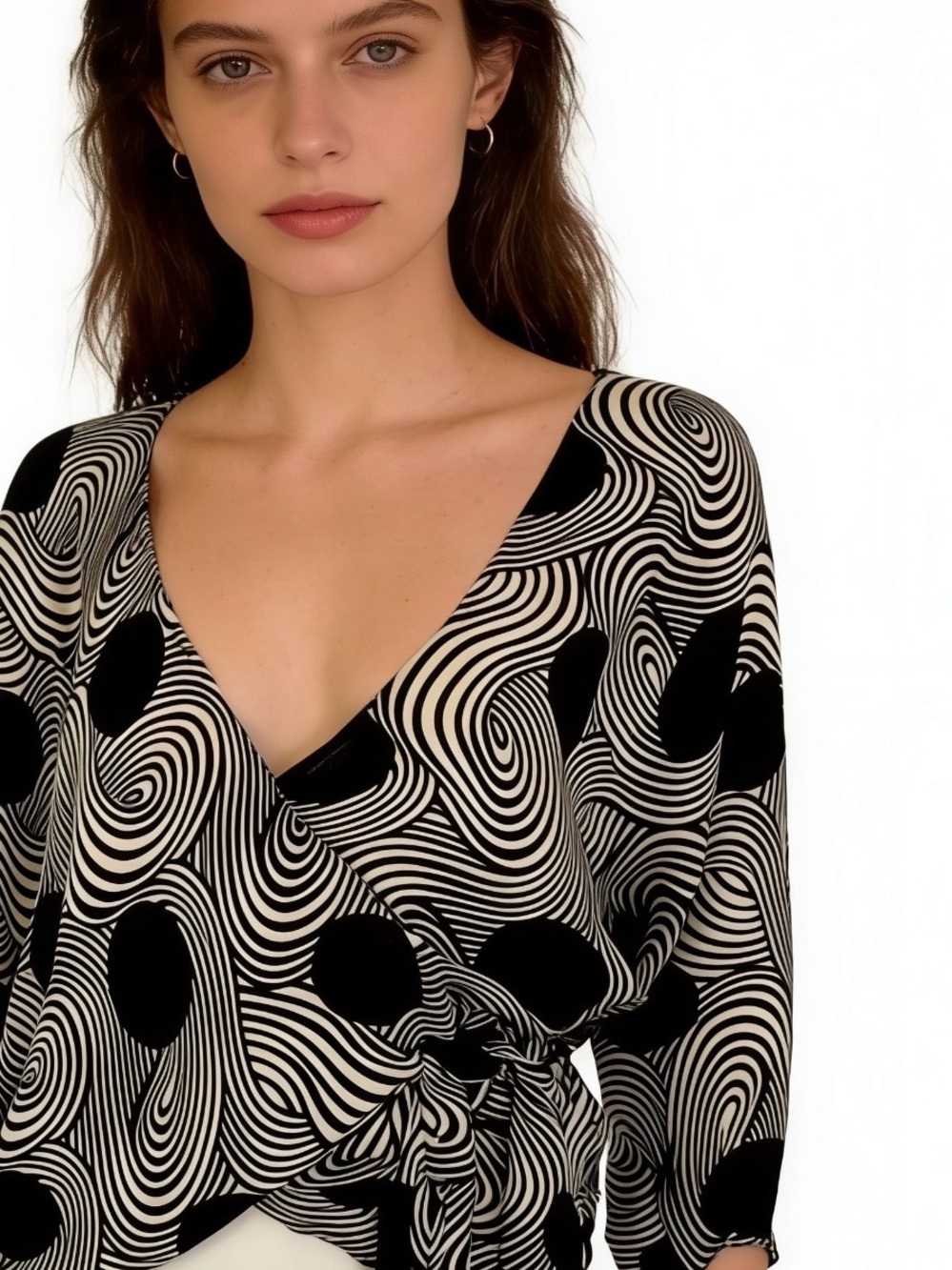 ALEXIS black grey geometric print loose boho wrap top blouse XS/S